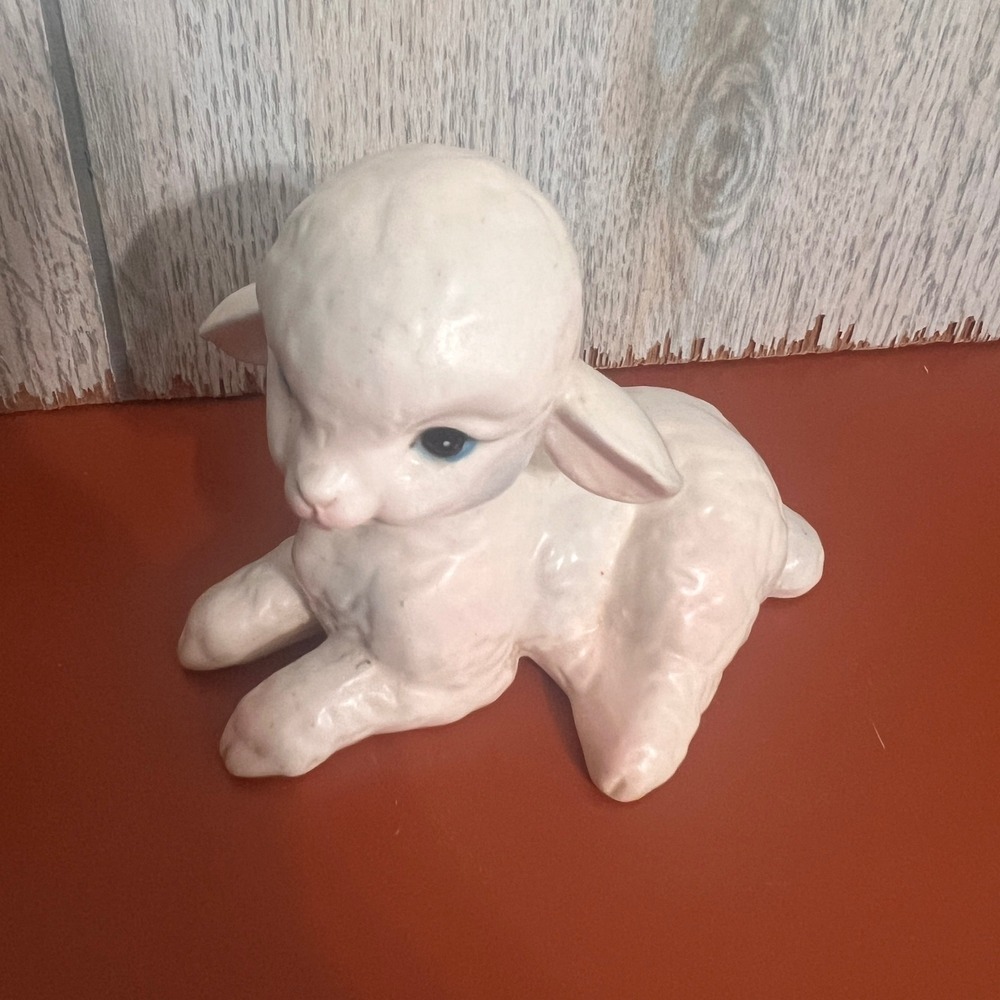 Vtg Lefton  Ceramic Lamb Figurine White Blue Eyes Easter Nursery Decor 3 Inch